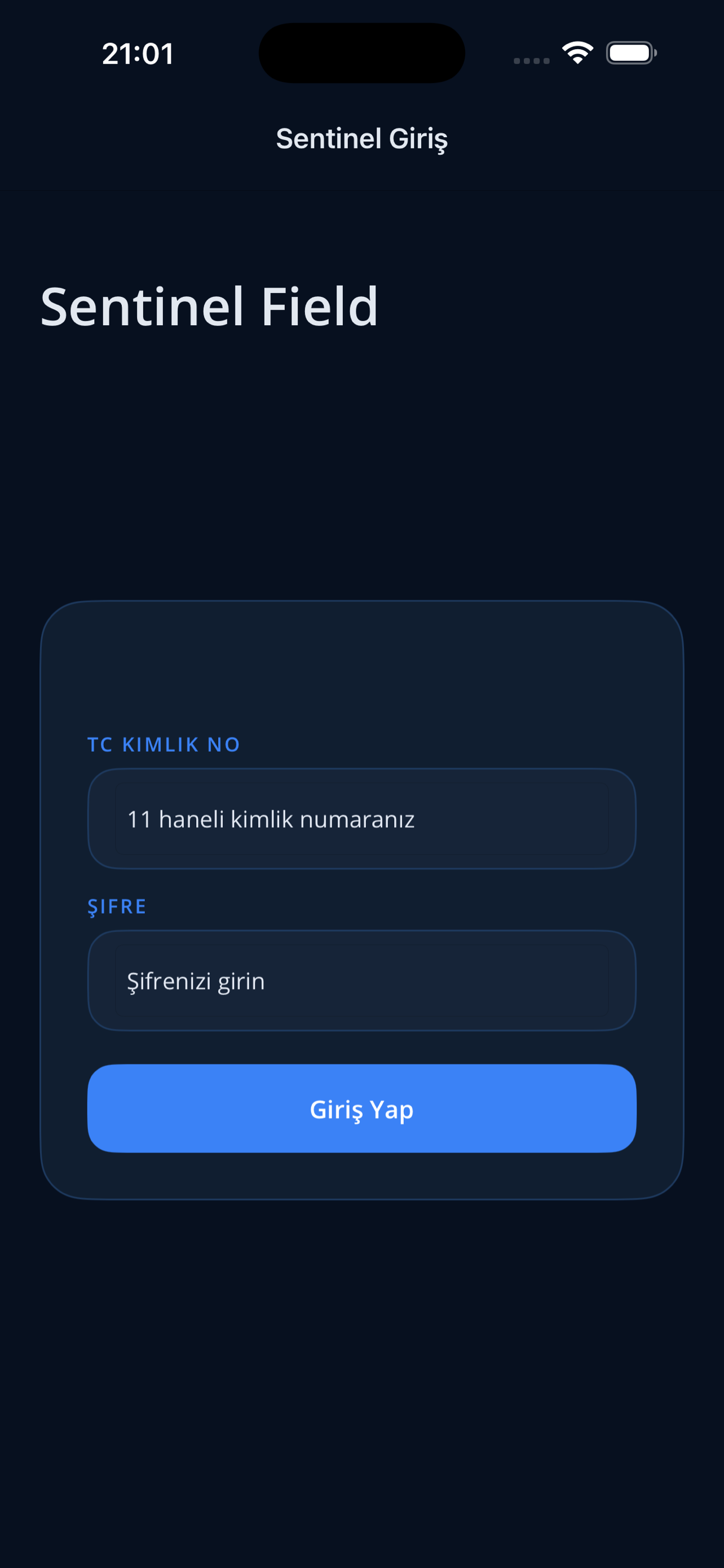 SentinelFlow mobil giriş ekranı