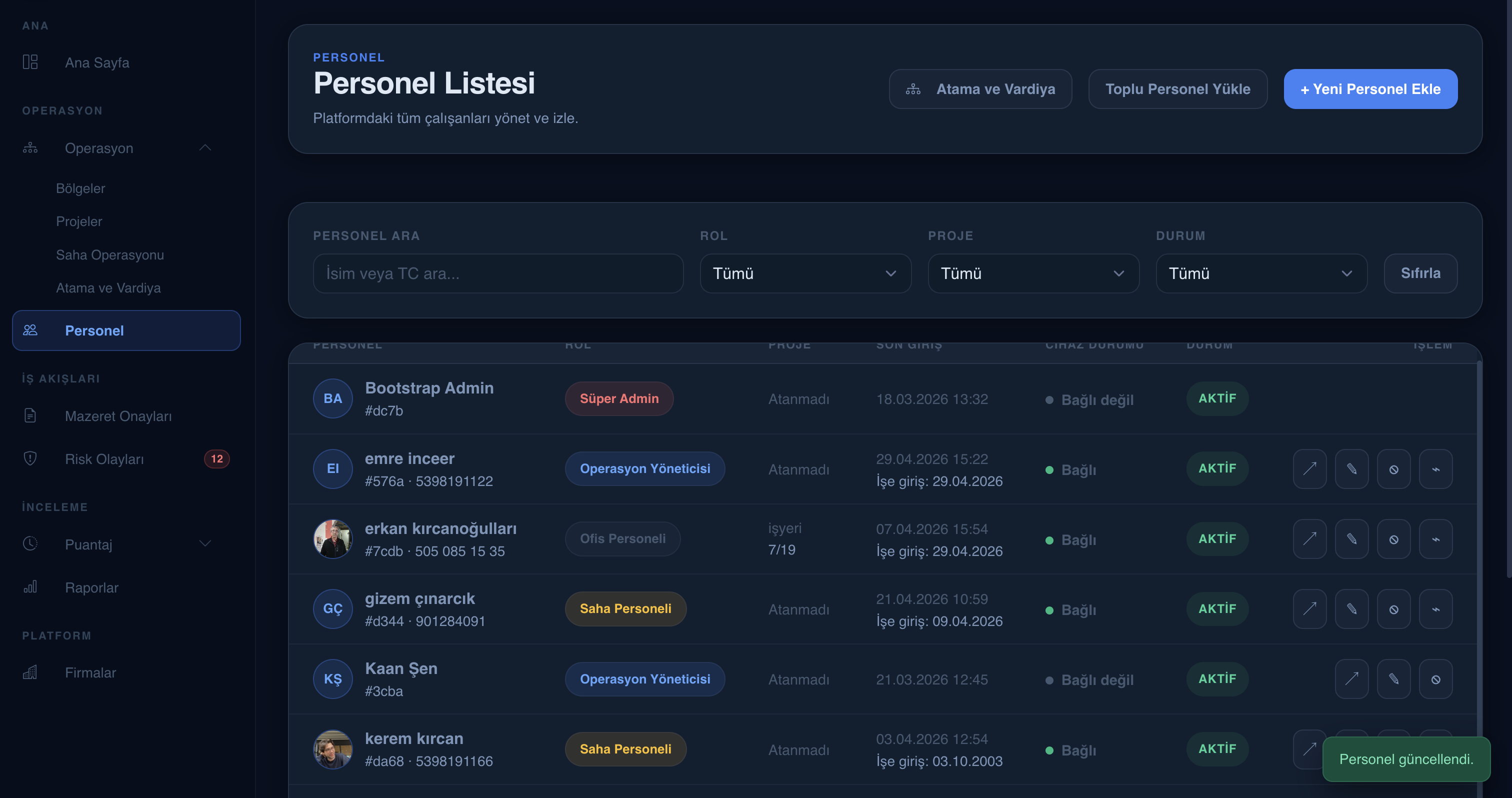 SentinelFlow personel yönetimi ekranı